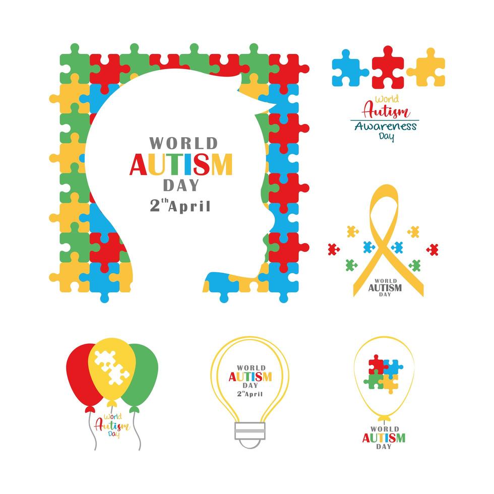 set autism awareness day head child ribbon balloon and bulb vector