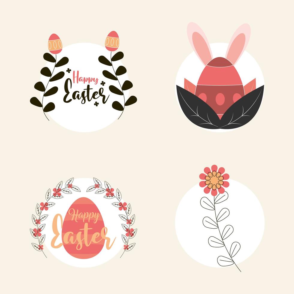set happy easter with eggs flower flora leaves decoration vector