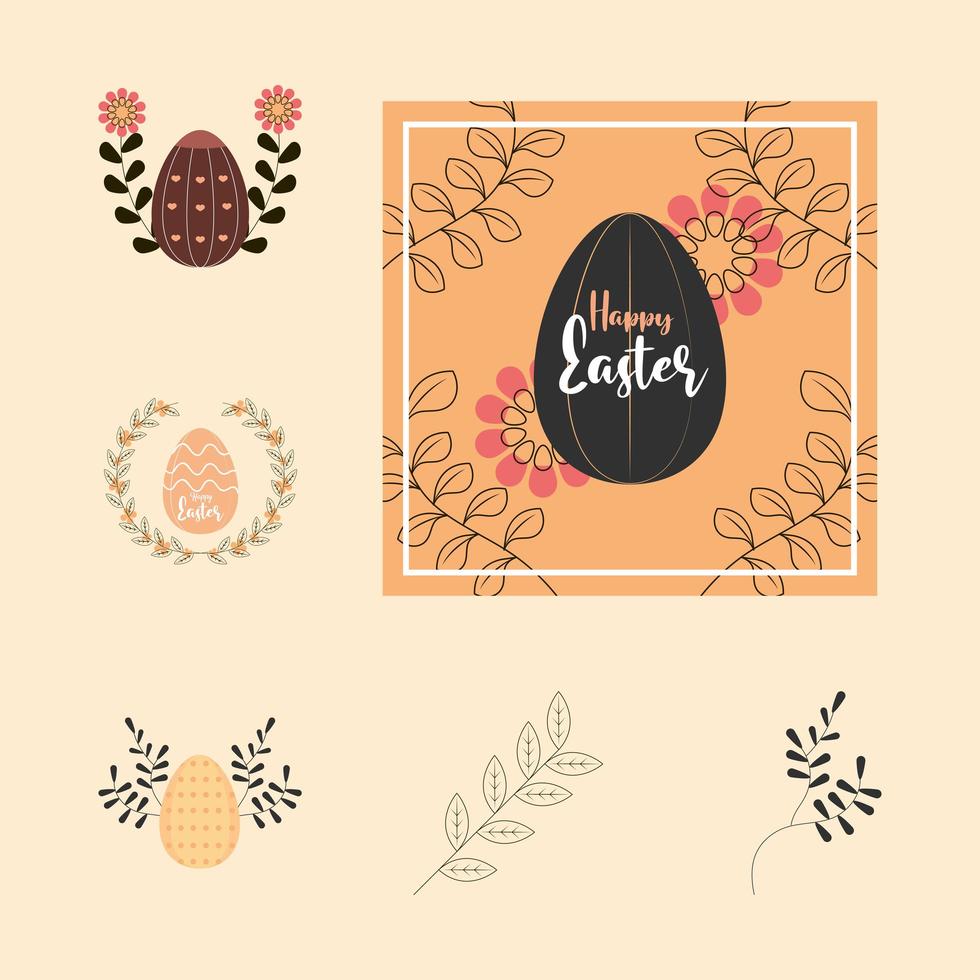 set happy easter greeting card egg flowers leaves decoration vector