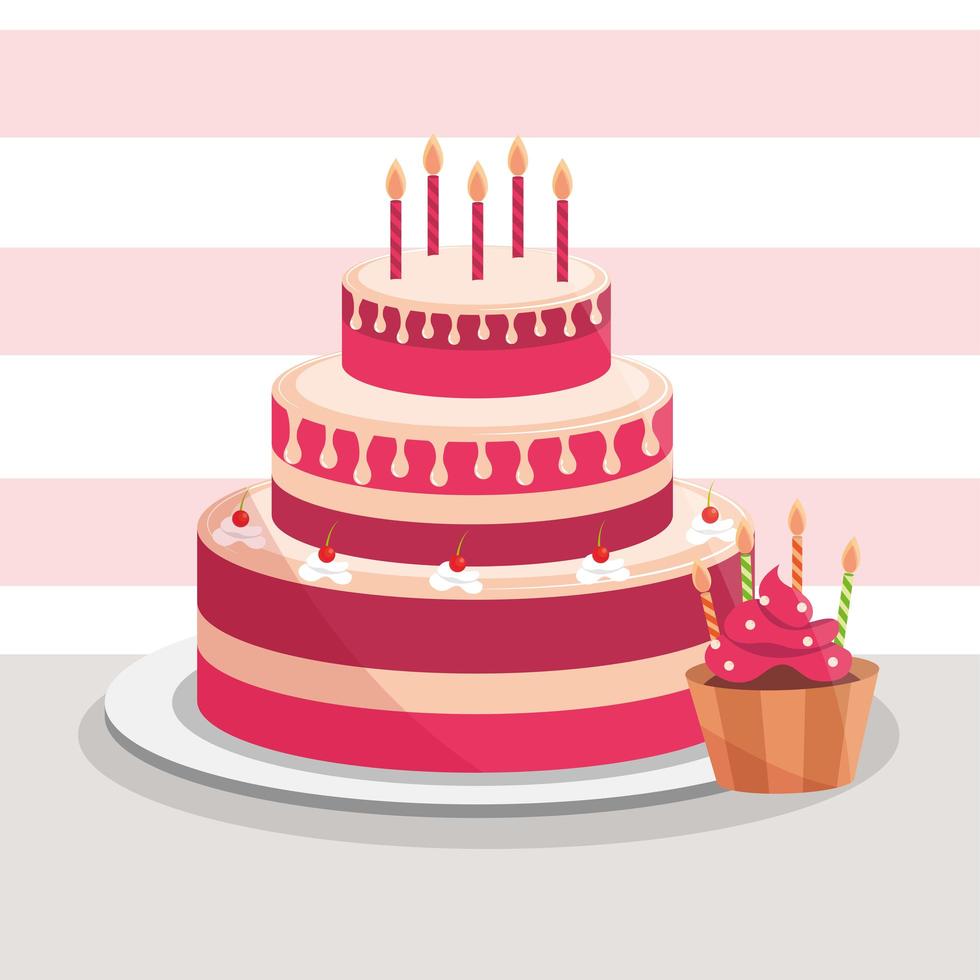 Pastel de cumpleaños y cupcake con decoración de velas. vector