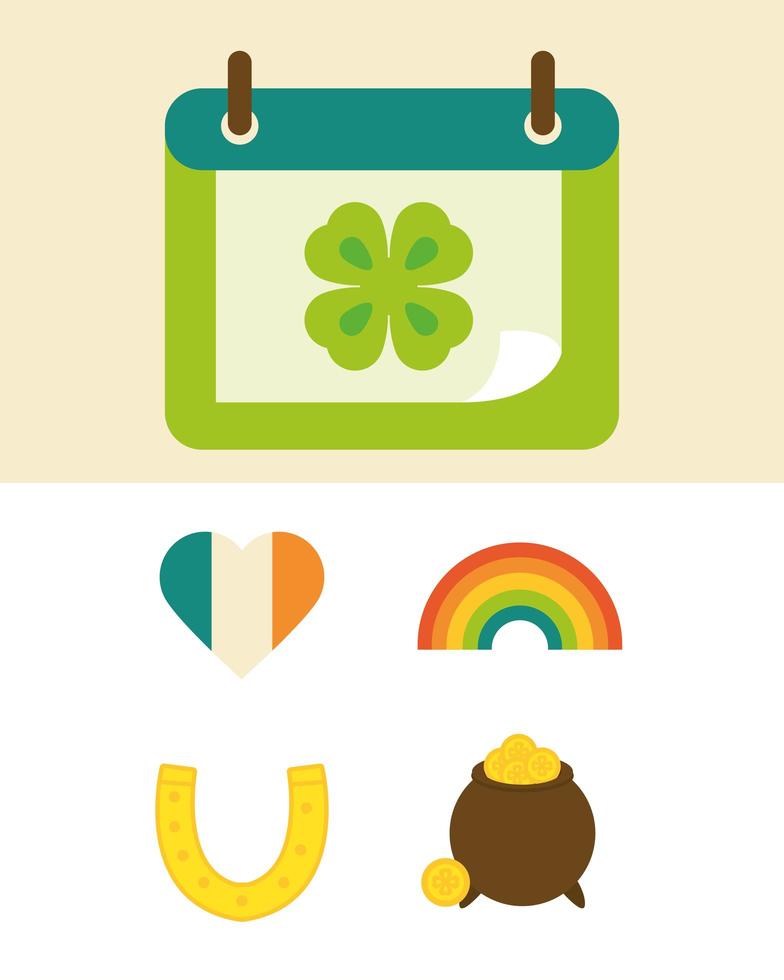 happy st patricks day icons calendar heart rainbow cauldron horseshoe flat vector