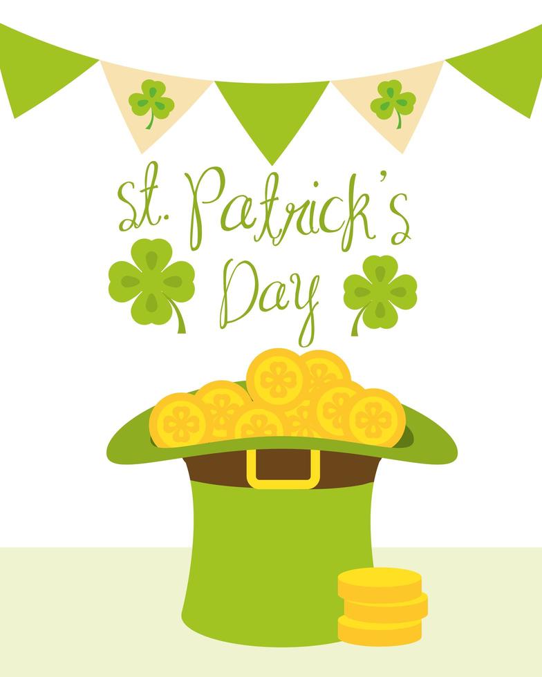 happy patricks day leprechaun hat with coins clovers pennants card vector