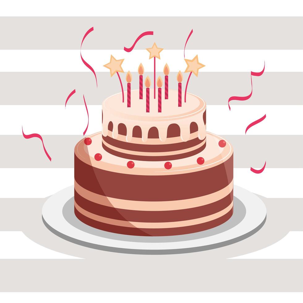 Pastel de cumpleaños con velas y fiesta de confeti. vector