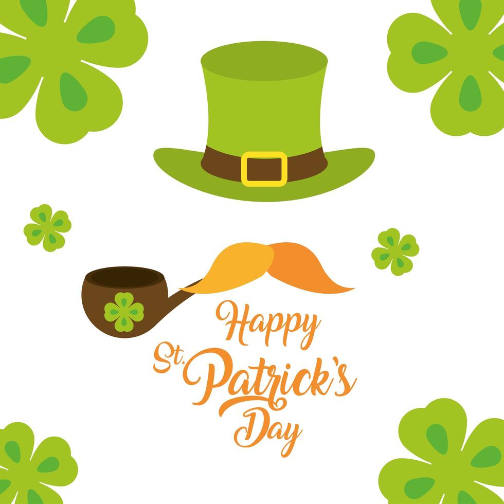 happy st patricks day hat pipe mustache and luck clover card vector