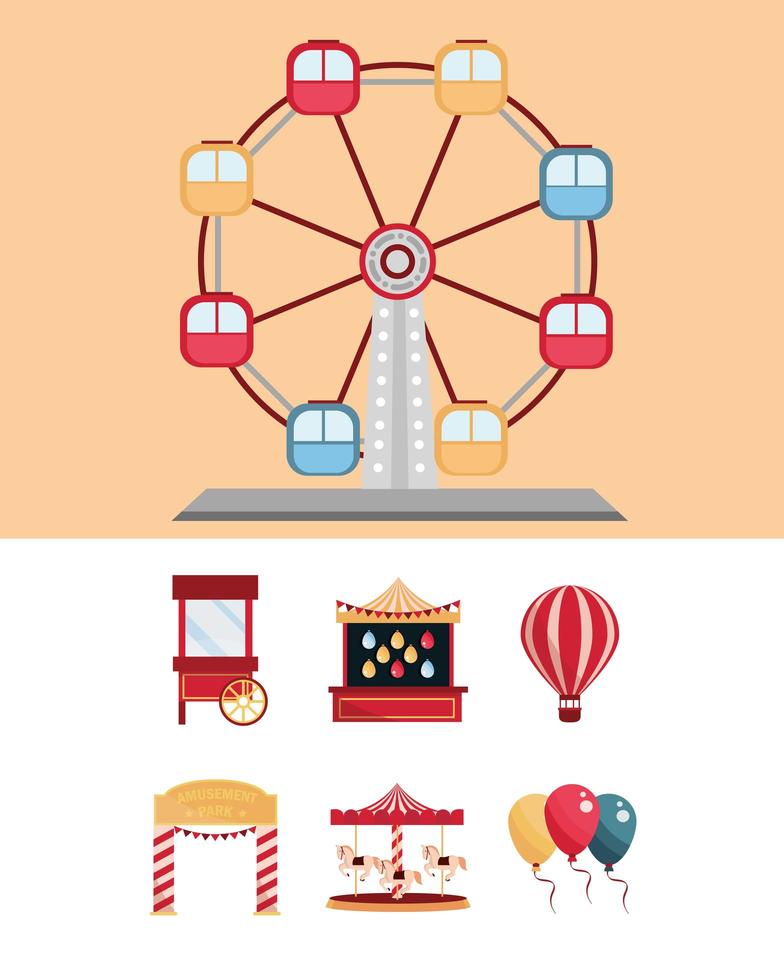 set amusement park carnival ferris wheel air balloon booth balloons vector