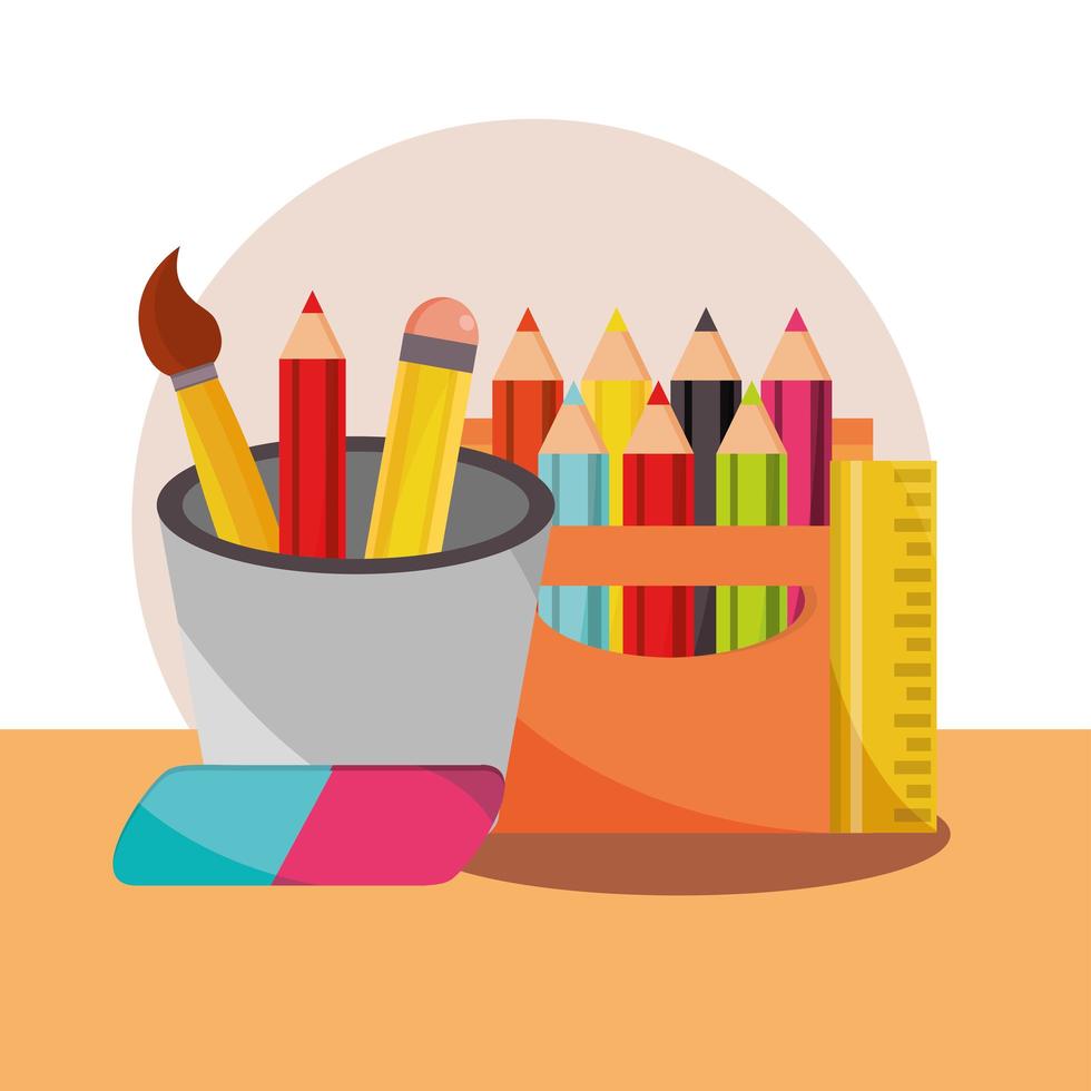 Volver a la escuela suministros educativos lápices de colores borrador y pincel vector