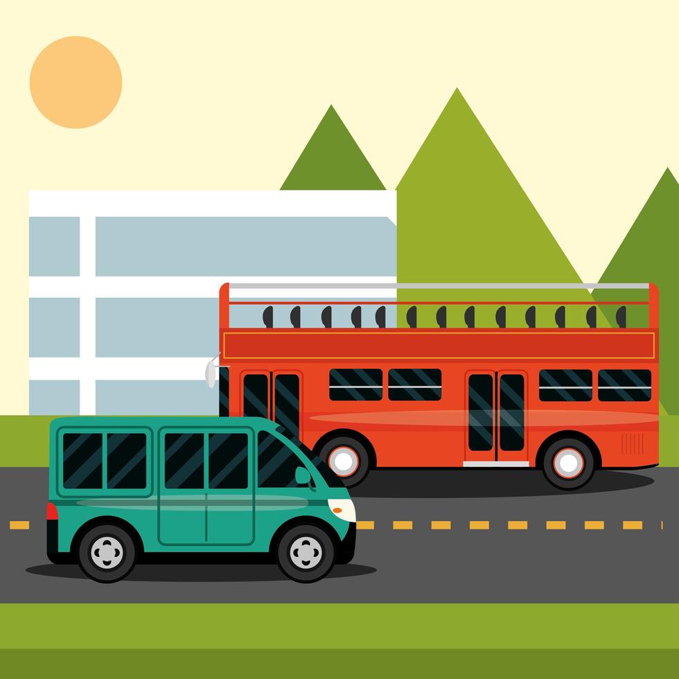 bus and minibus on the street city cartoon vector