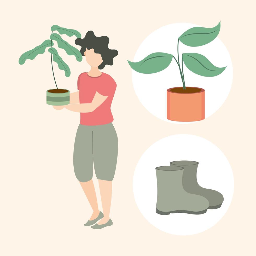 gardening woman with plant in hands boots and potted plant icons vector