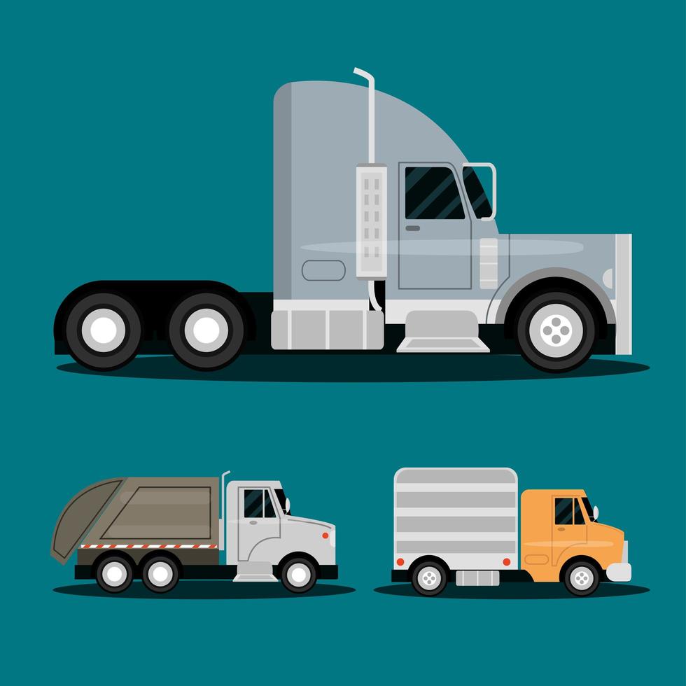 trucks trailer garbage and delivery service transport side view vehicles vector