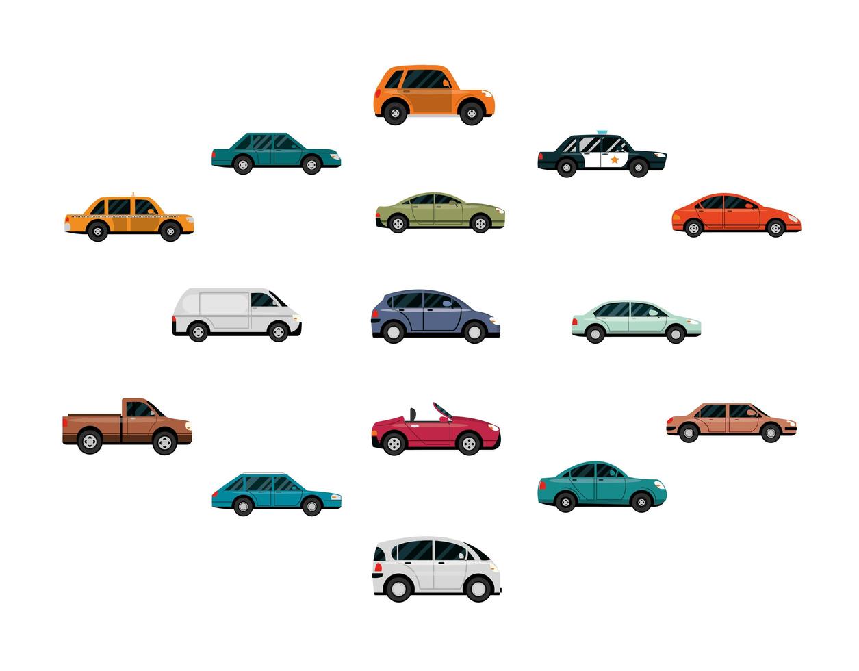 Colección de coches automóviles vista lateral fondo blanco. vector