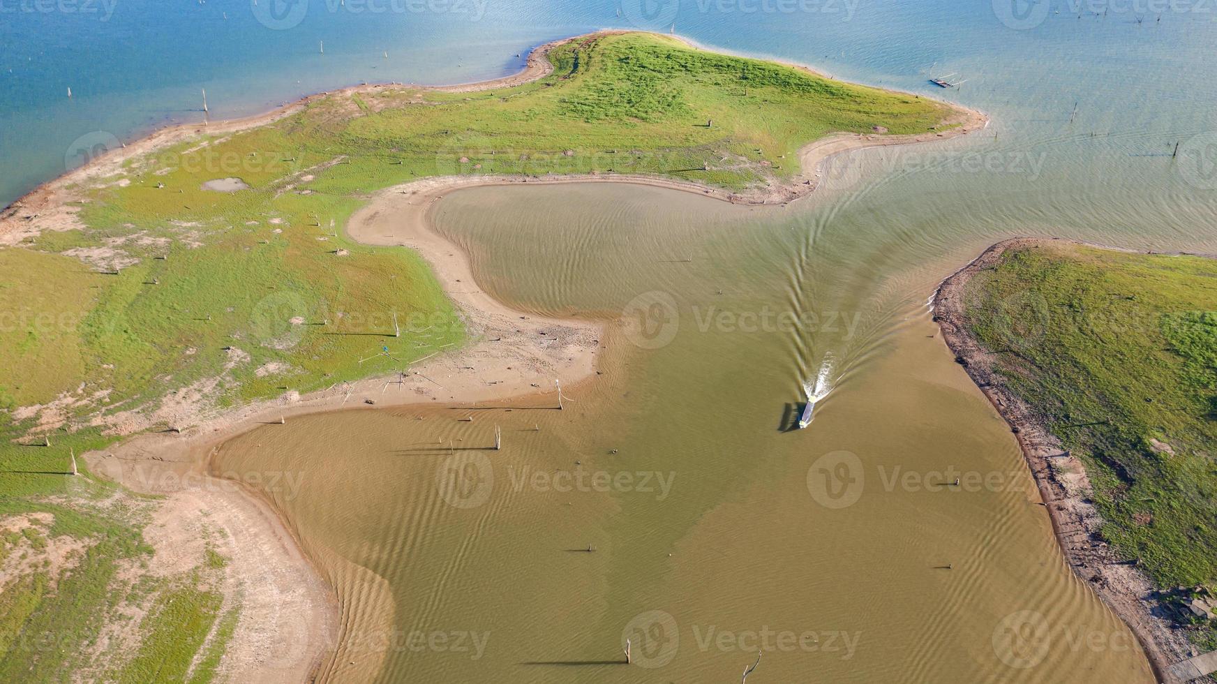 Aerial top view of Tour boat at Sangklaburi in Kanchanaburi province Thailand photo