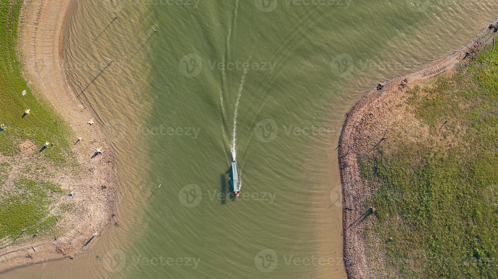 Aerial top view of Tour boat at Sangklaburi in Kanchanaburi province Thailand photo