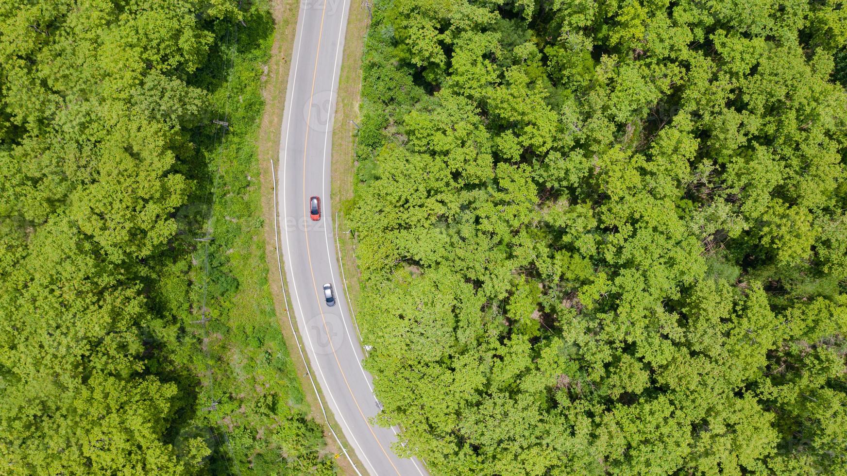 Aerial top view car driving through the forest on country road photo