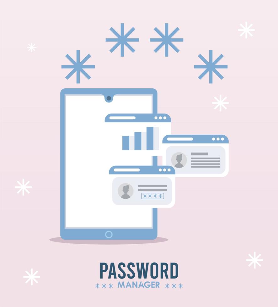 tema del administrador de contraseñas con plantillas de página web y cifrado en el teléfono inteligente vector