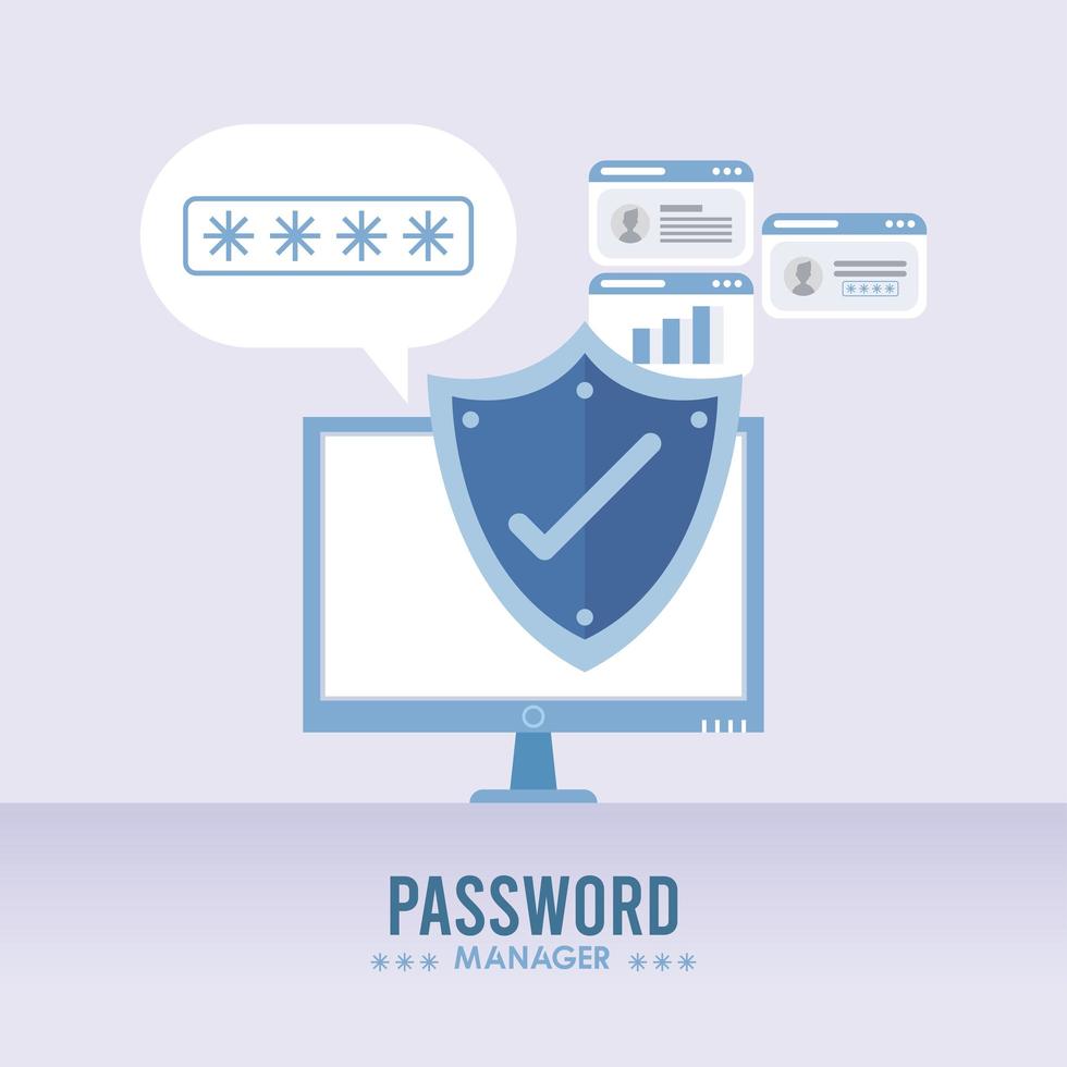 password manager theme with check symbol in shield and desktop computer vector