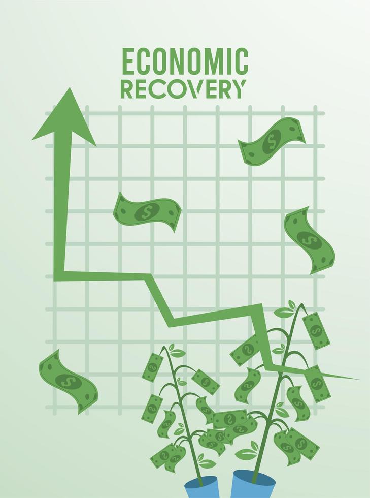 Flecha de estadísticas de recuperación económica con plantas de facturas vector