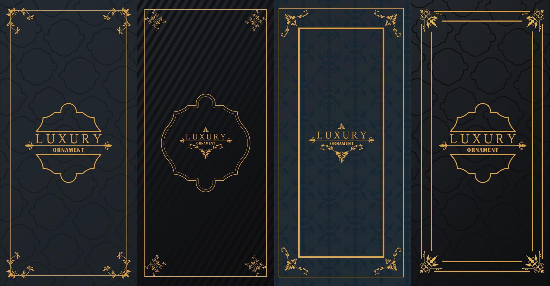 set of four luxury golden frames with victorian style in black background vector
