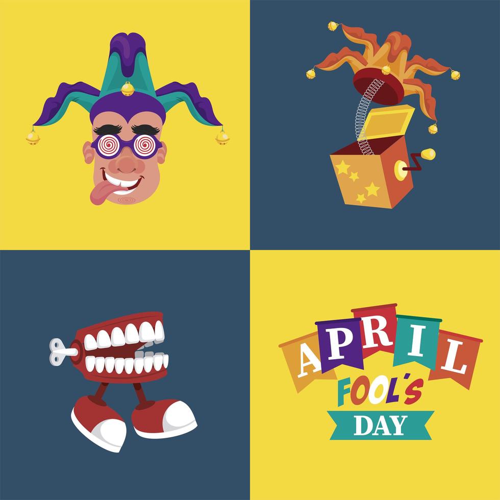 april fools day lettering with three icons vector