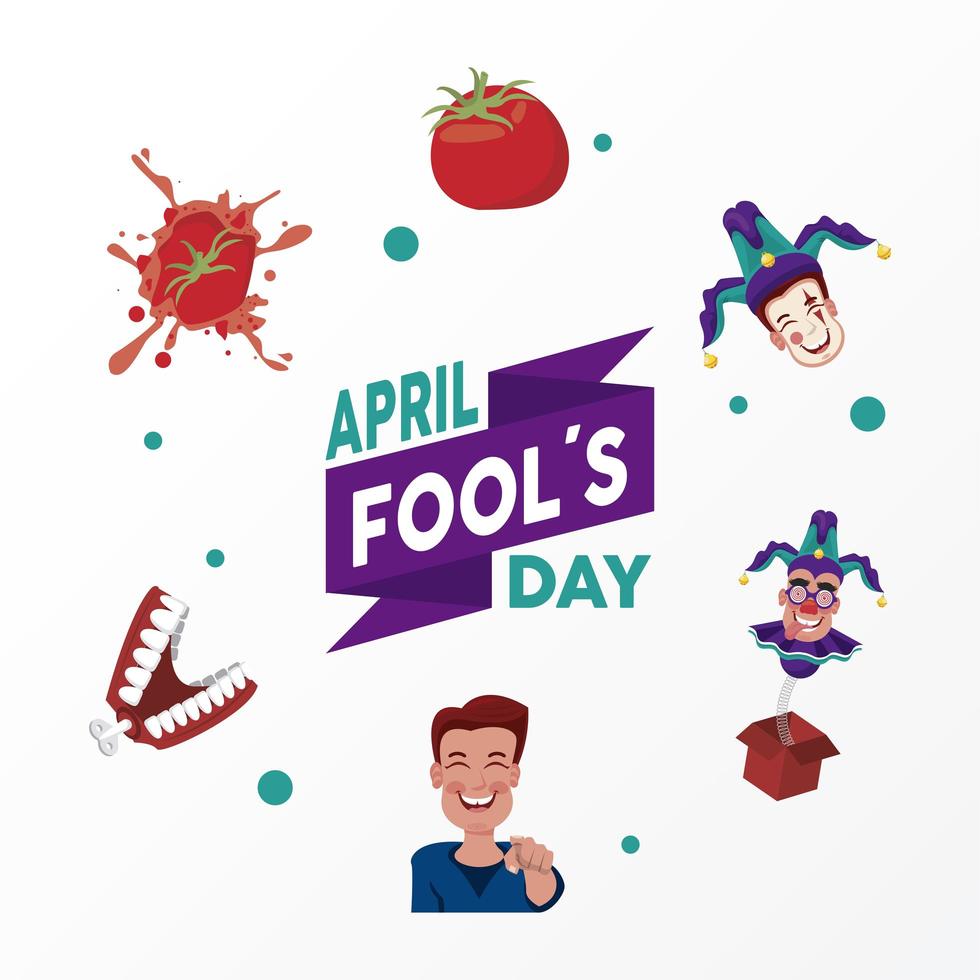 april fools day lettering with six icons around vector