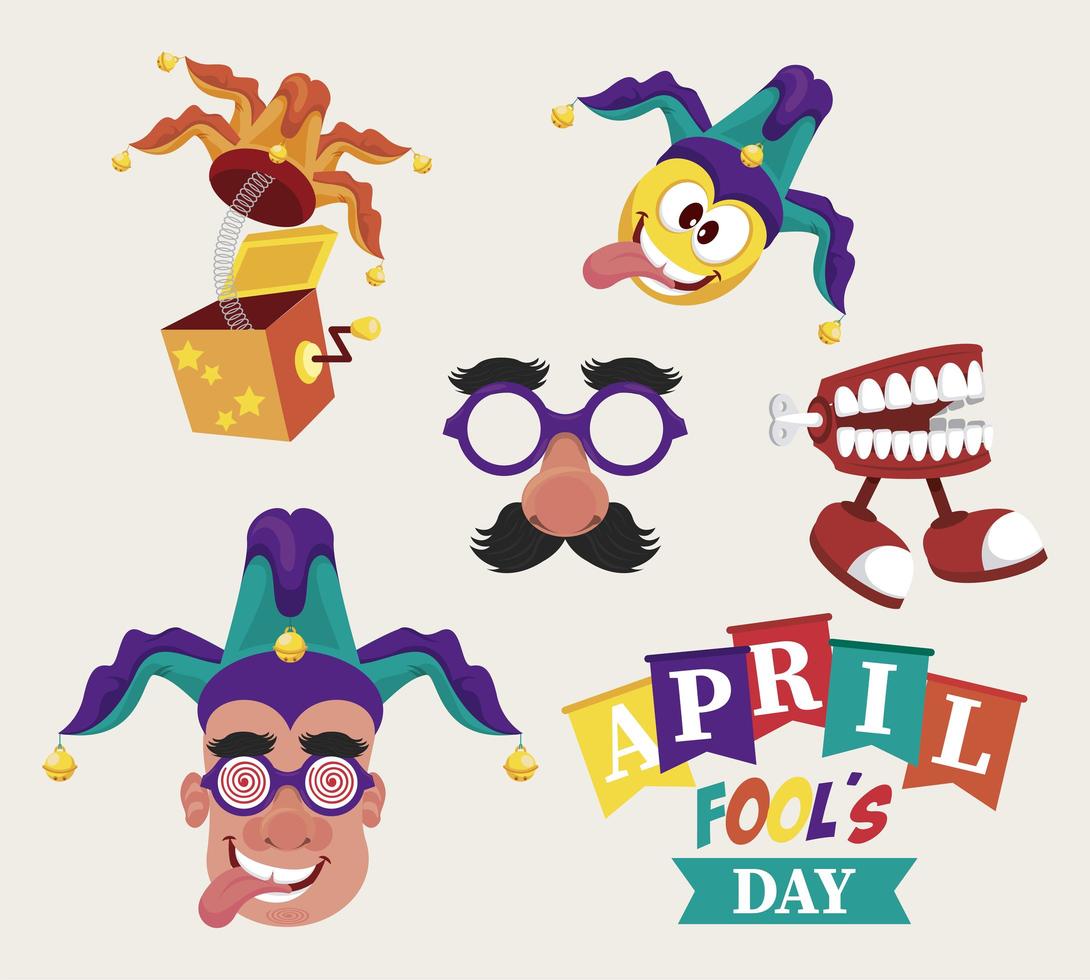 april fools day lettering with five icons vector