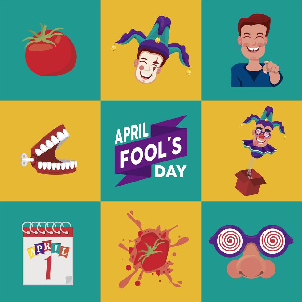 april fools day lettering with eight set icons vector