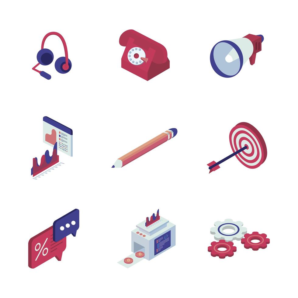 paquete de nueve iconos de conjunto isométrico de redes sociales vector