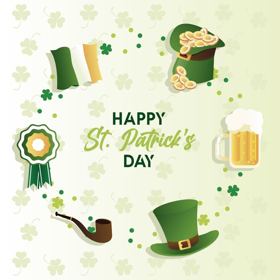 happy saint patricks day lettering with set icons around vector