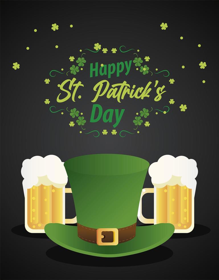 happy saint patricks day lettering with elf tophat and beers vector