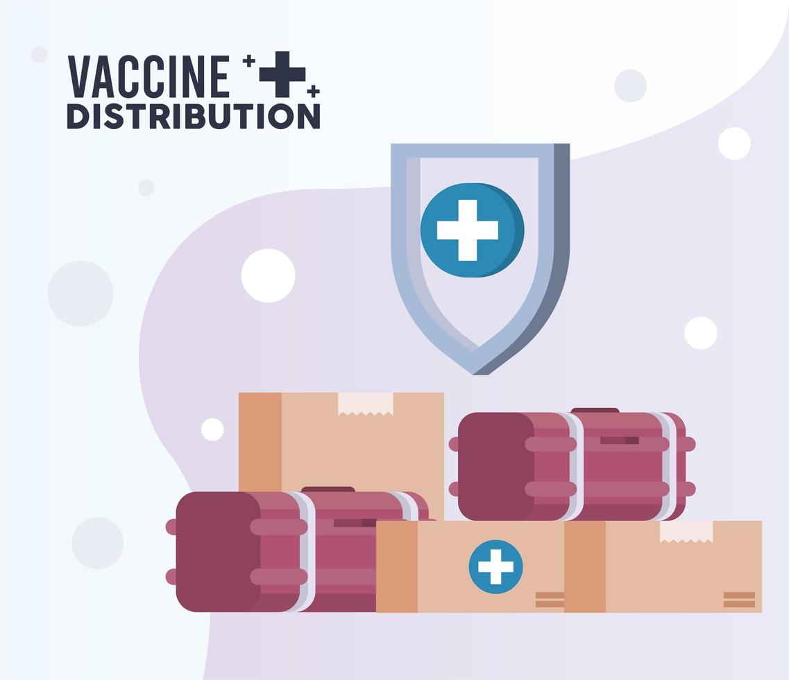 tema de logística de distribución de vacunas con congeladores y cajas con escudo vector