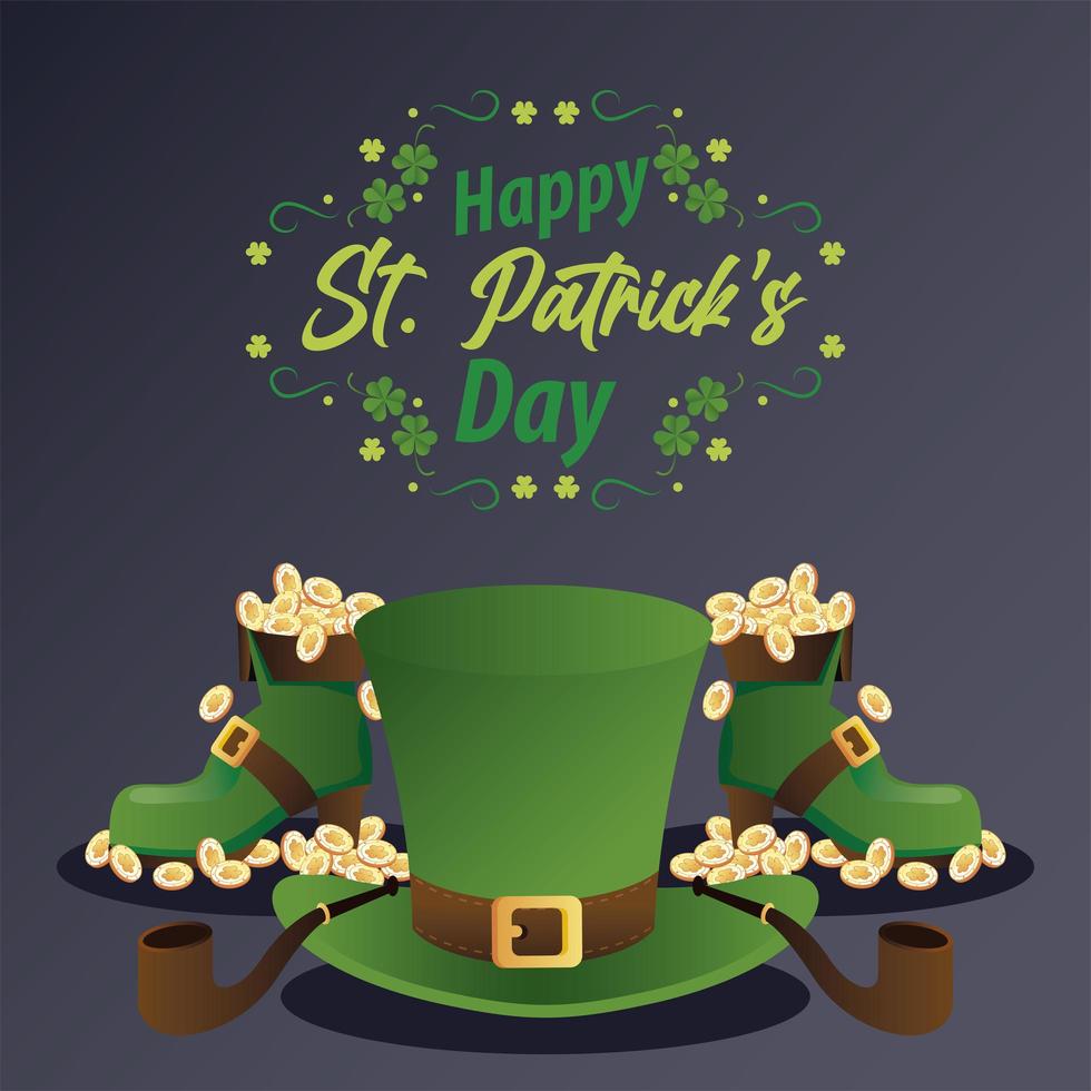happy saint patricks day lettering with treasure coins in elf boots and hat vector