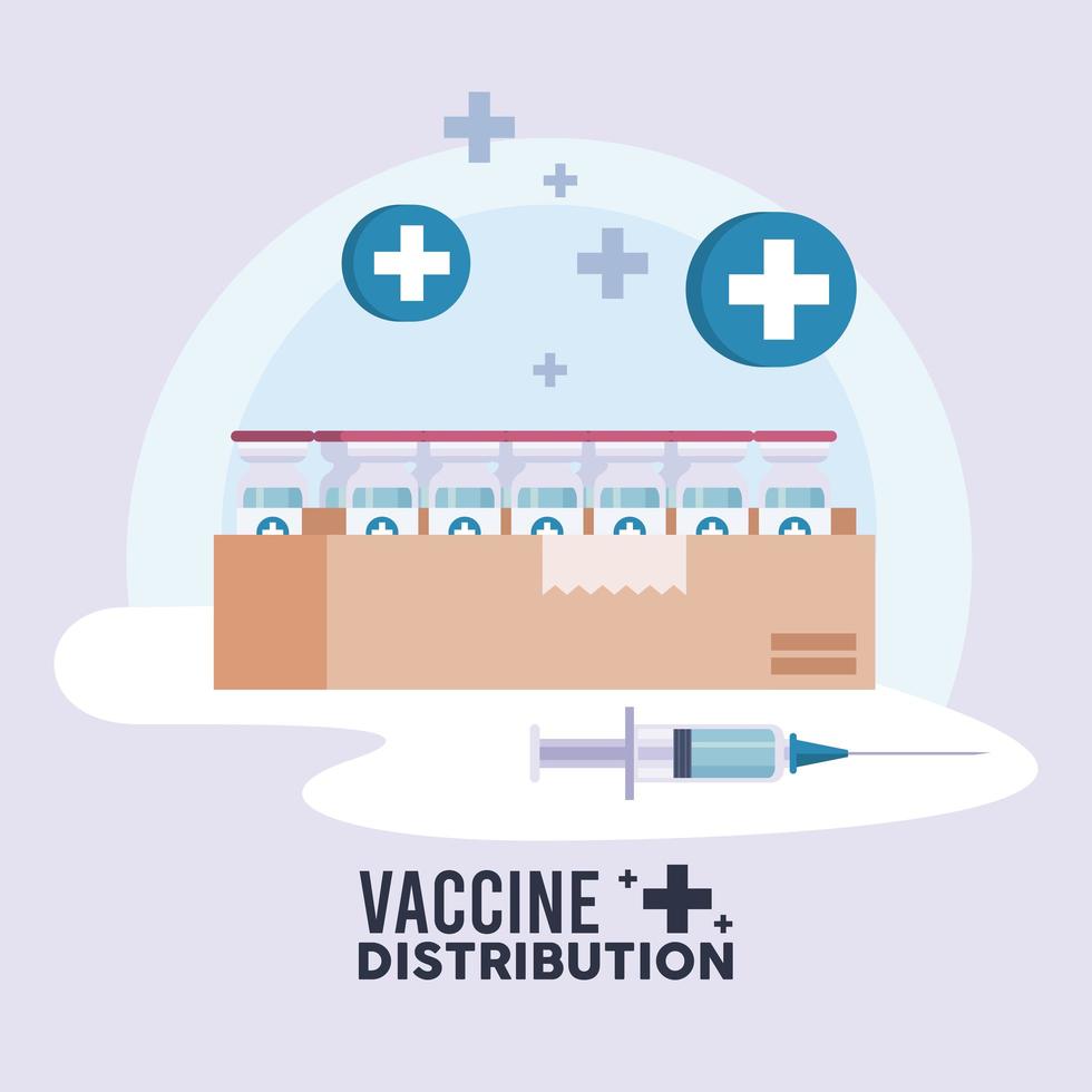 vaccine distribution logistics theme with vials in box and syringe vector