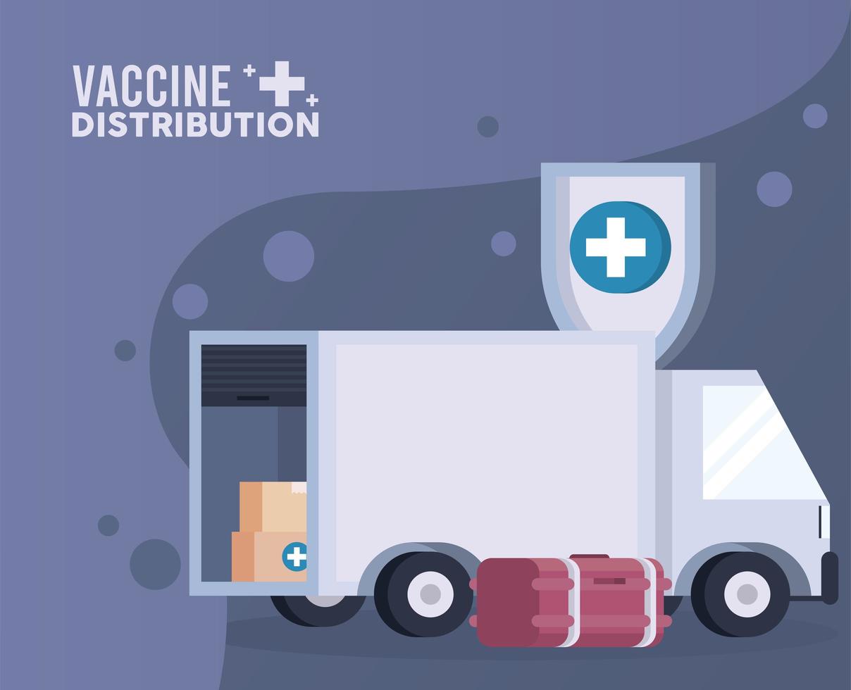 tema de logística de distribución de vacunas con congelador y camión vector