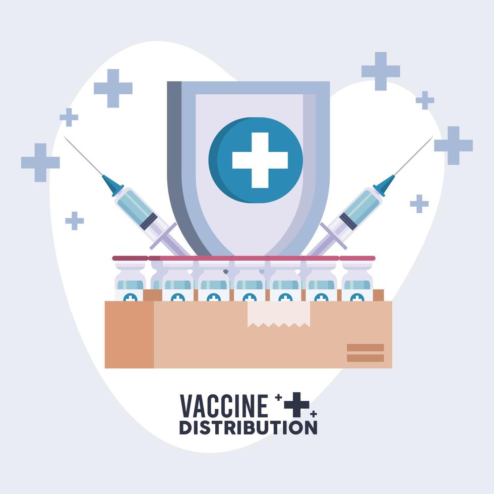 vaccine distribution logistics theme with vials and injection in shield vector