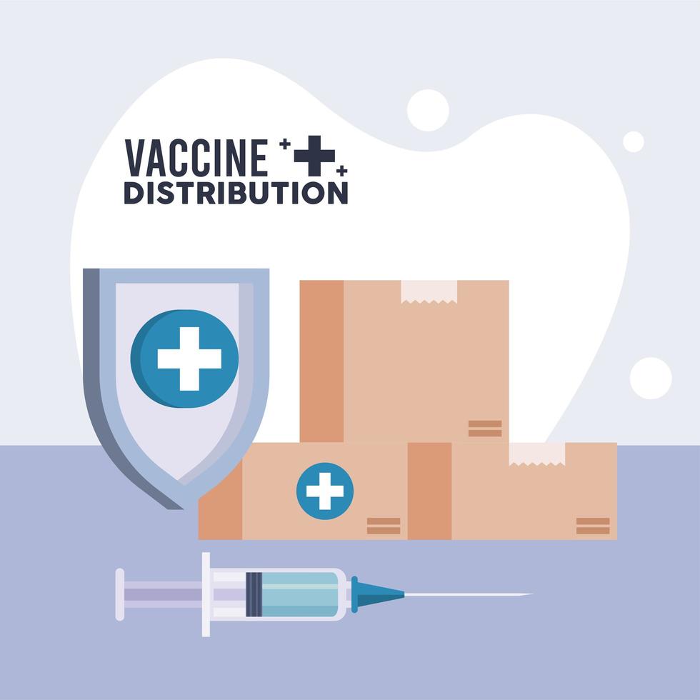 Tema de logística de distribución de vacunas con jeringas y cajas. vector