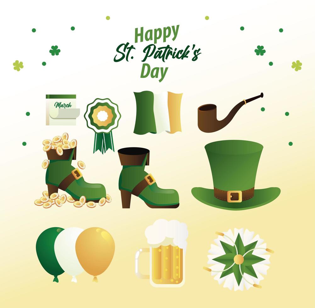 Feliz día de San Patricio letras con iconos de conjunto de paquete vector