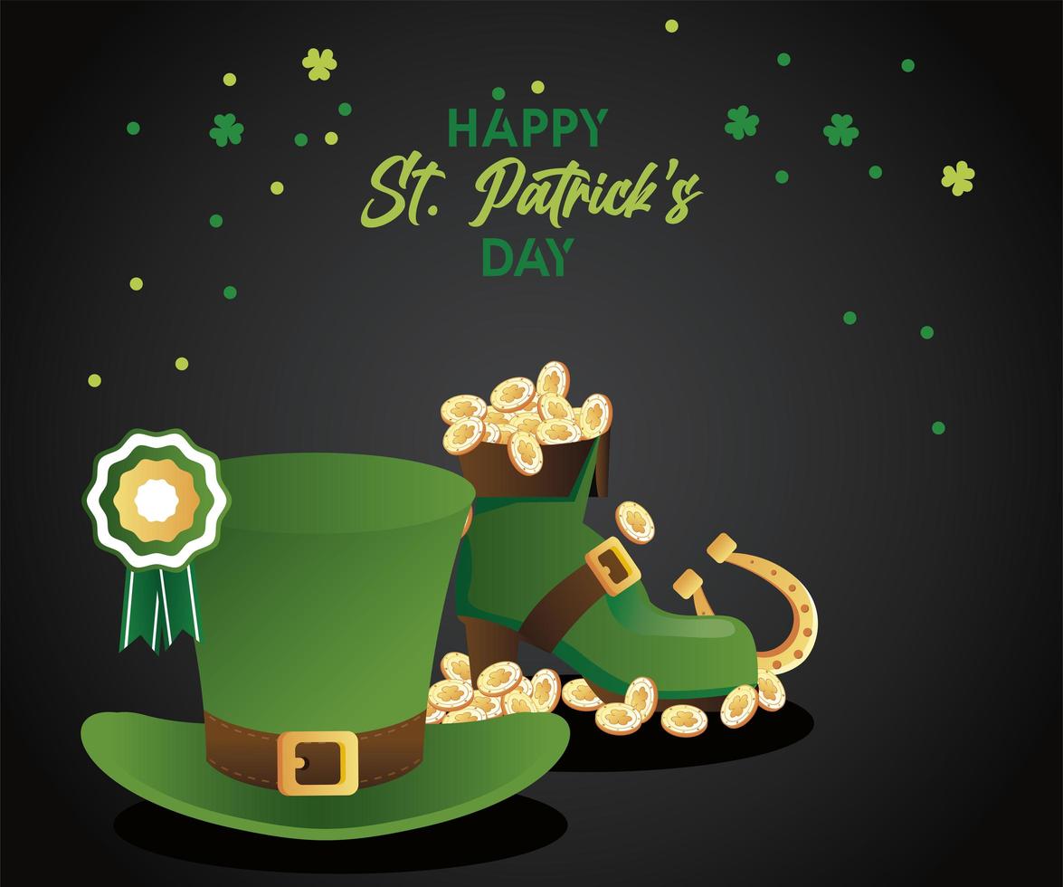 happy saint patricks day lettering with elf hat and treasure in boot vector