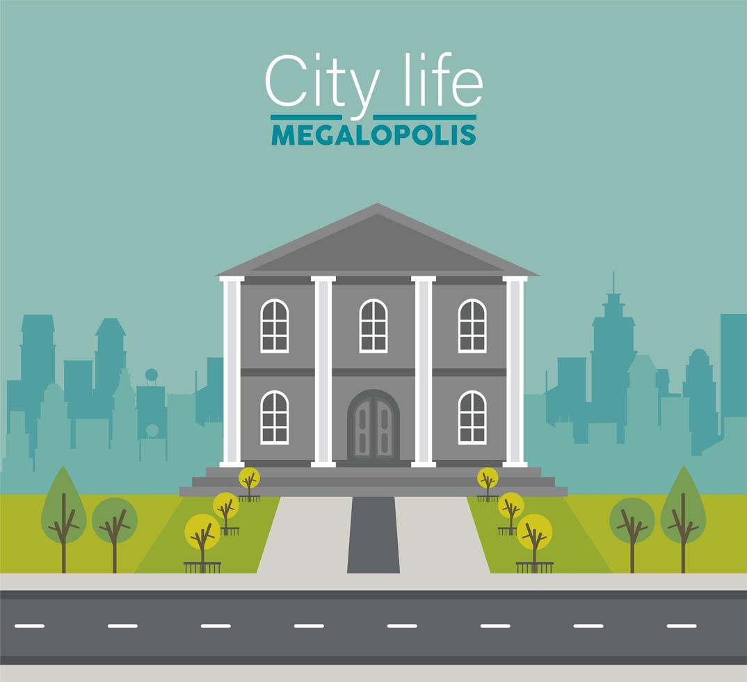 vida de la ciudad megalópolis letras en la escena del paisaje urbano con edificio gubernamental vector