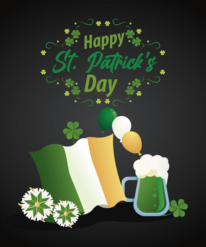 Feliz día de San Patricio letras con cerveza y bandera de Irlanda vector