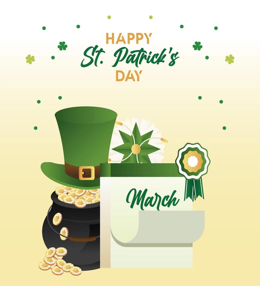 happy saint patricks day lettering with treasure and hat in cauldron with calendar vector