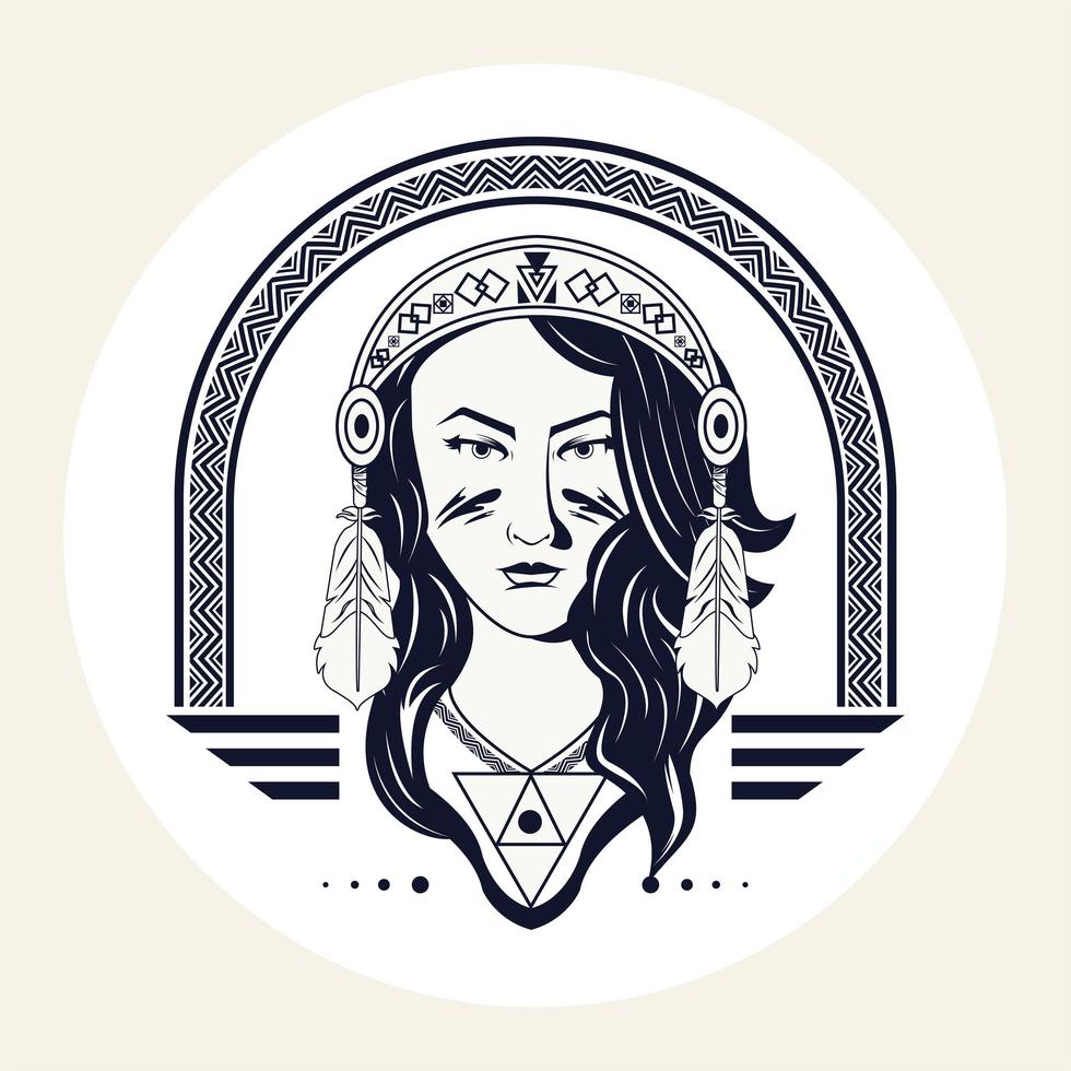 native american woman with feathers head bandana in frame tribal style vector