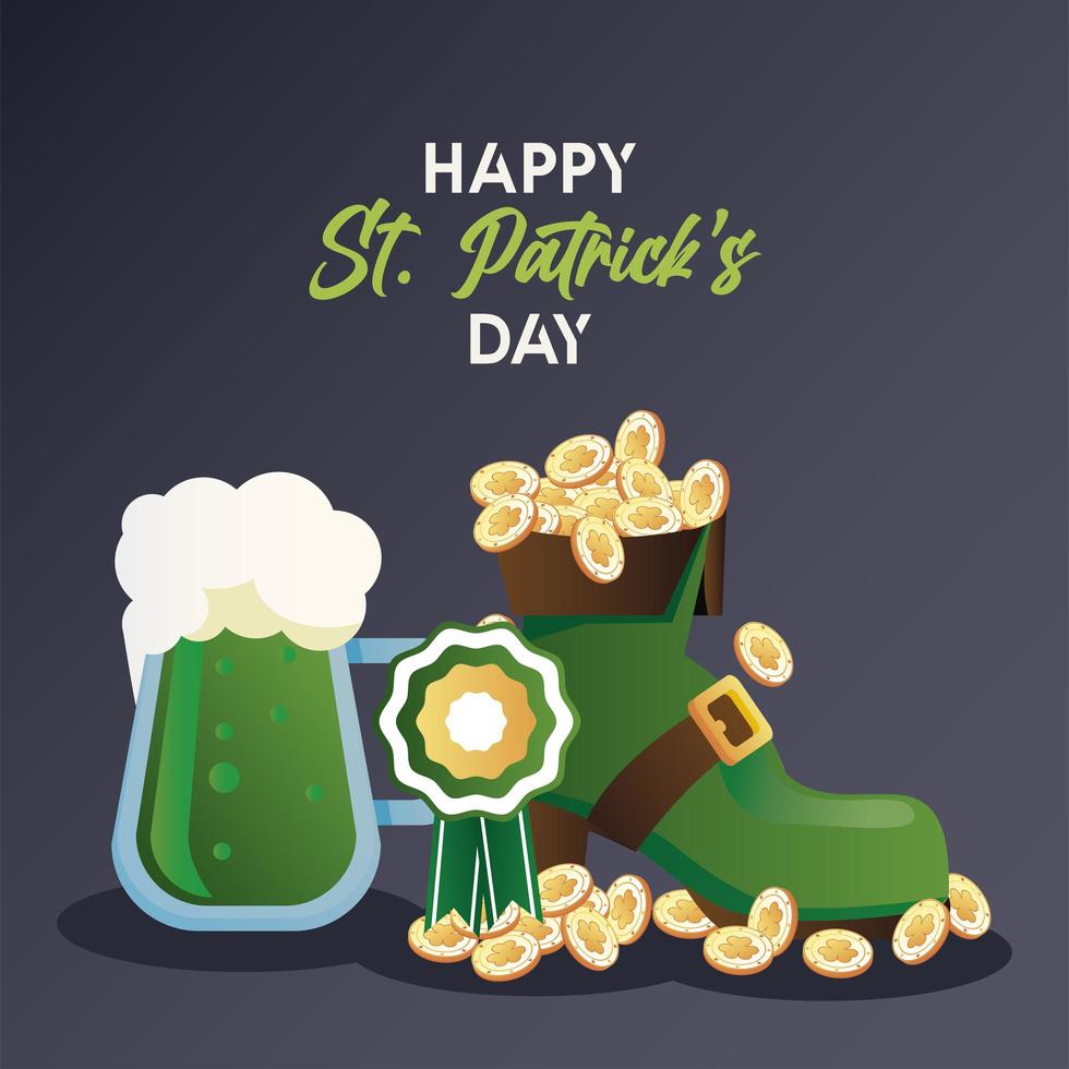 happy saint patricks day lettering with coins in elf boot and beer vector