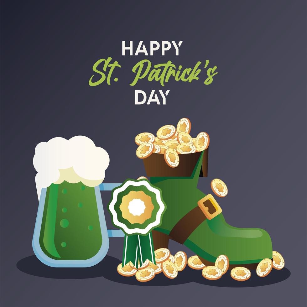 Feliz día de San Patricio letras con monedas en elf boot y cerveza vector