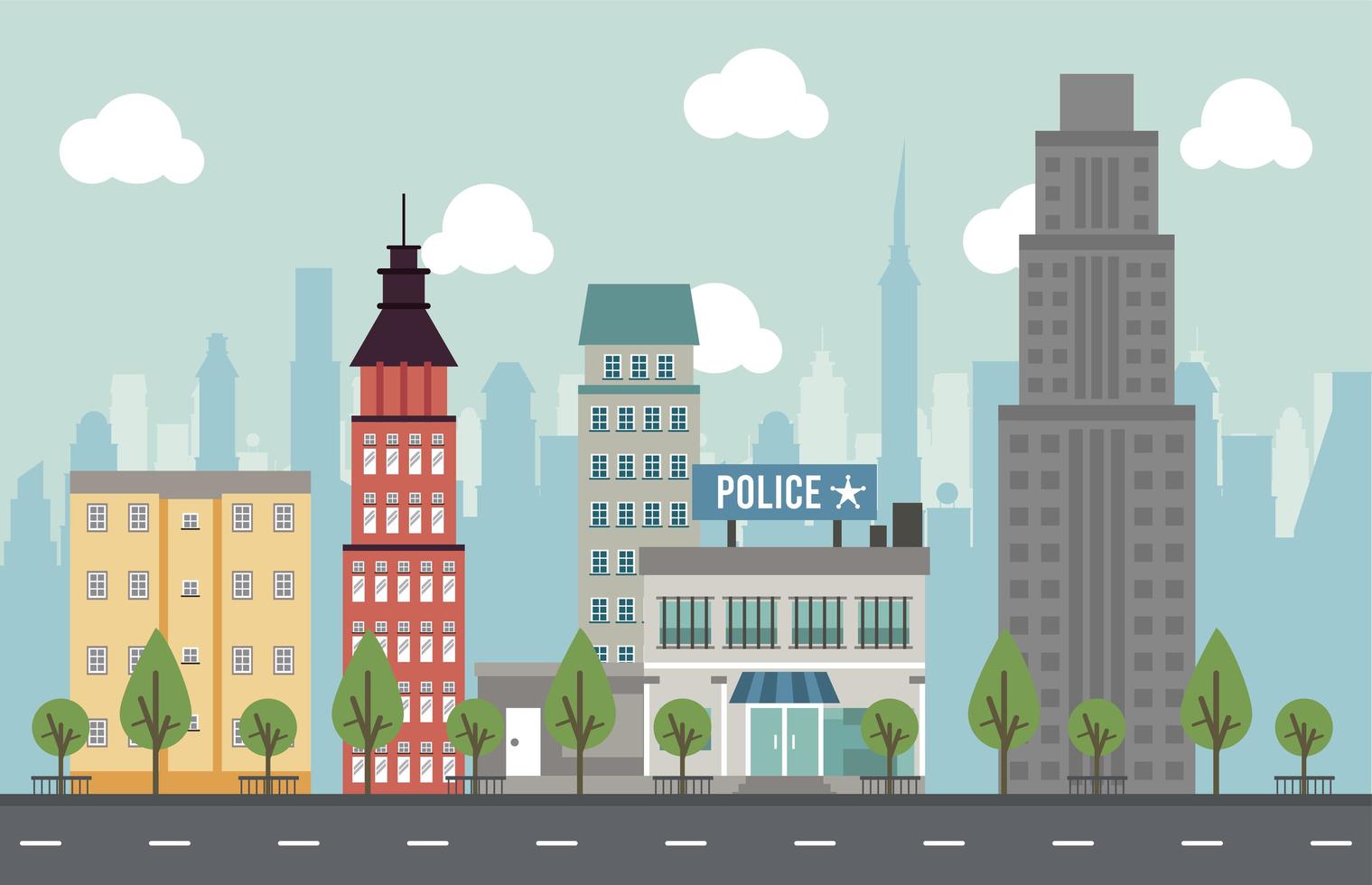 city life megalopolis cityscape scene with police station and skyscrapers vector