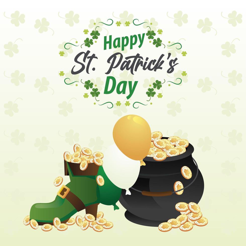 happy saint patricks day lettering with treasure coins in elf boot and cauldron vector