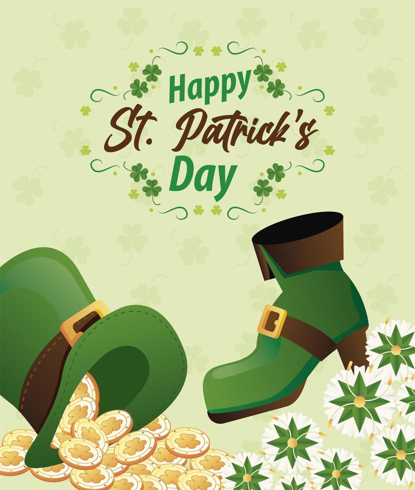 happy saint patricks day lettering with coins in elf hat and boot vector
