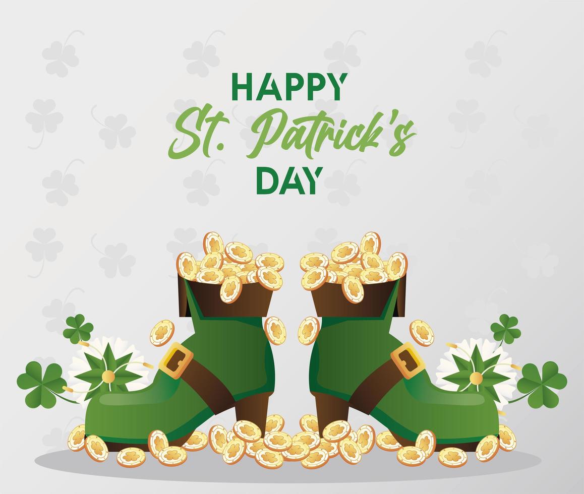 happy saint patricks day lettering with treasure coins in elf boots vector