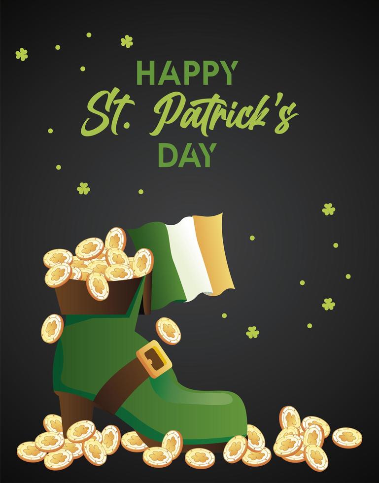 happy saint patricks day lettering with treasure in elf boot and irish flag vector