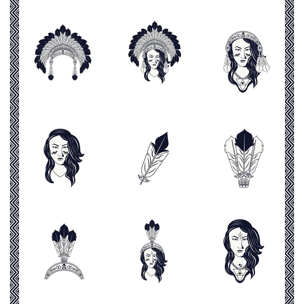 bundle of natives american women and feathers decorations tribal style vector