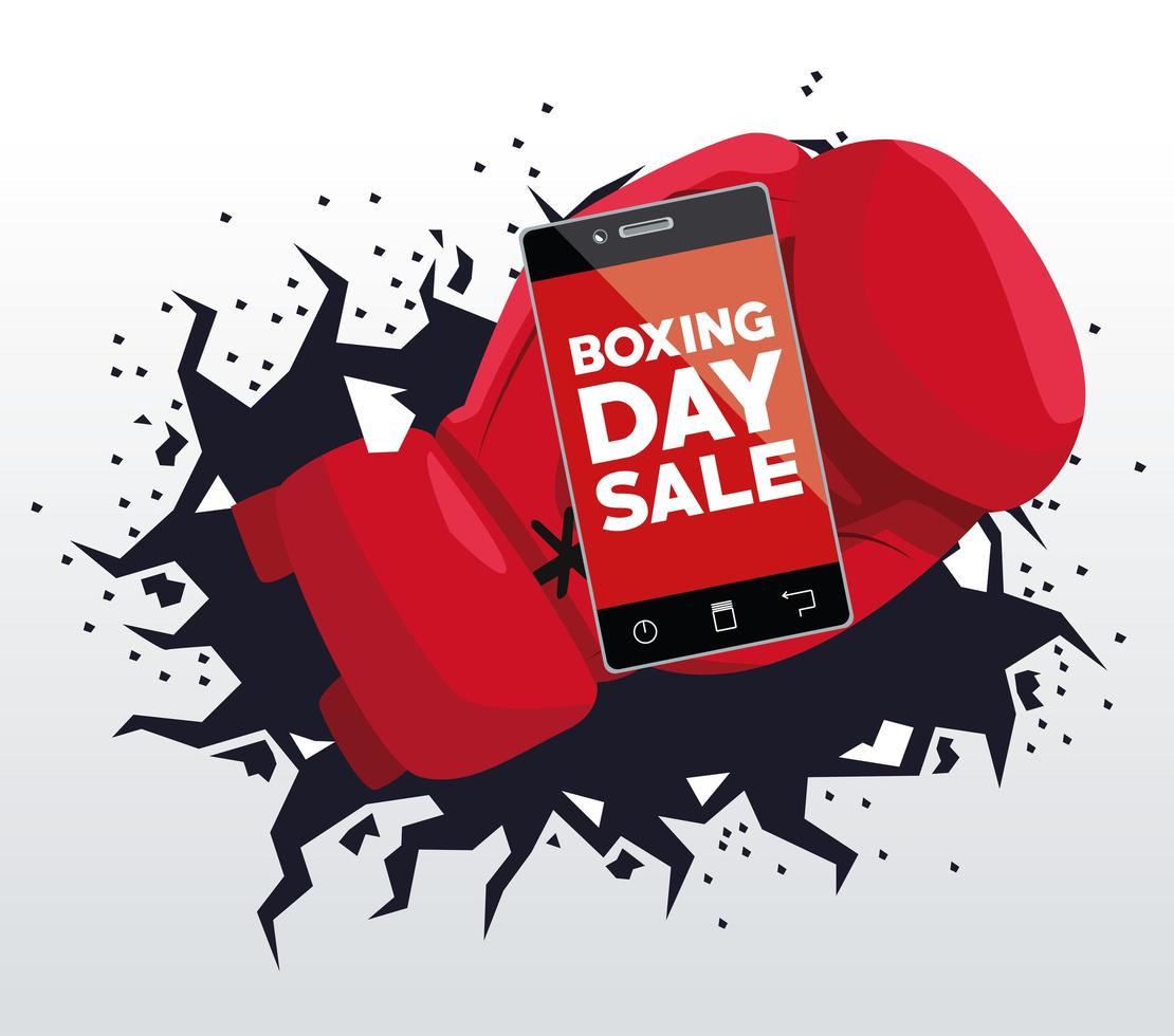 boxing day sale poster with smartphone and gloves vector