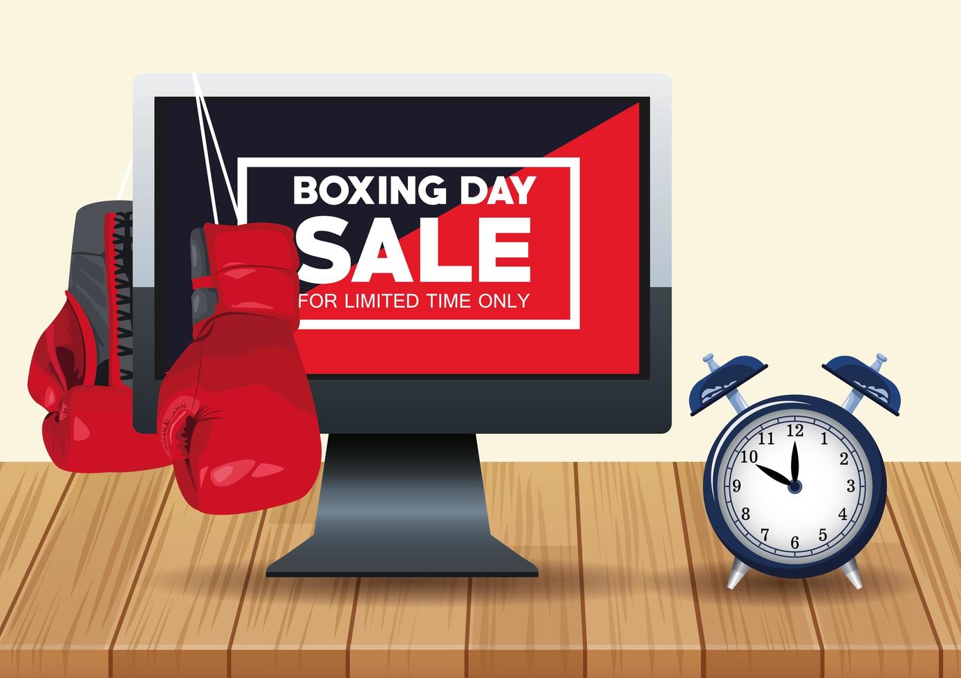 boxing day sale poster with desktop and alarm clock vector